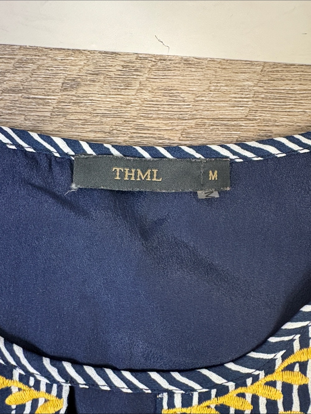 THML Embroidered Striped Shift Dress Navy & White with Mustard Embroidery Medium - Picture 6 of 12
